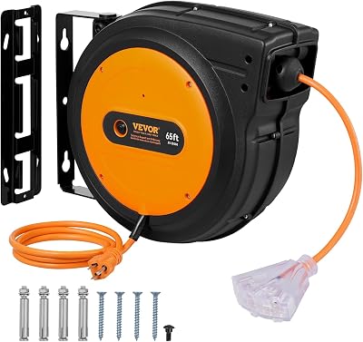 VEVOR 65FT Retractable Extension Cord Reel, Heavy Duty 12AWG/3C SJTOW Cord