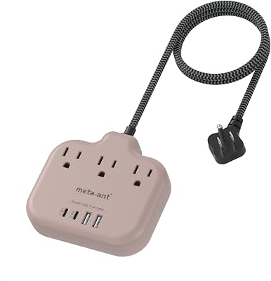 Brown Extension Cord with USB C - 5 FT Flat Braided Extension Cord with 3 Outlets & 4 USB Ports (2 USB-C), 1625W Tan Cord for Brown Tan Wood Walnut Grain Desk Accessories