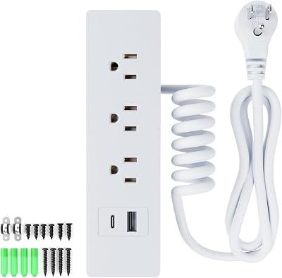Drawer Outlet Kit, Recessed Furniture Power Strip, PD 20W Fast Charging Horizontal Outlet, Clutter-Free Drawer Socket with 2 USB(A & C) and 3 12 Amp AC Ports, 7.2 FT Power Cord, Spring Cable