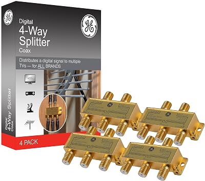 GE Digital 4-Way Coaxial Cable Splitter, 4 Pack, 2.5 GHz 5-2500 MHz, RG6 Compatible, Works with HD TV, Satellite, Internet, Amplifier, Antenna, Gold Plated Connectors, Corrosion Resistant, 55290