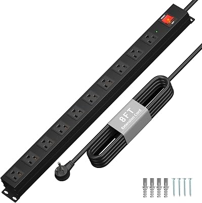 KF 10 Outlet Heavy Duty Power Strip with Surge Protector 2100J,15A/1875W Wall Mount Design, 8FT Extension Cord & Safety Switch for Home Office, Workshop, Gaming Setup, Studio - Black