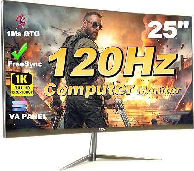 ZZA 25Inch 120Hz Curved Gaming Monitor | FHD 1080P Frameless Design, FreeSync, Low Motion Blur, Eye Care Technology, DisplayPort & HDMI Connectivity, VESA Wall Mount Compatible - Black