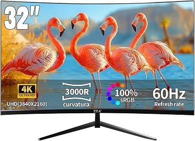 ZZA 32 Inch 4K UHD Curved Monitor (3840x2160), VA,60Hz Refresh Rate, 100% sRGB, Adaptive Sync, 178° Viewing Angle, HDMI/DisplayPort, VESA 100x100mm Mount Compatible, Tilt Adjustable - Black