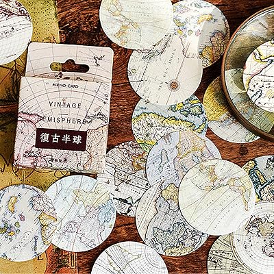 Doraking 46PCS Boxed DIY Decoration Vintage Earth Hemisphere Map Theme Paper Stickers for Laptop Planners Scrapbook Suitcase Diary Notebooks Album