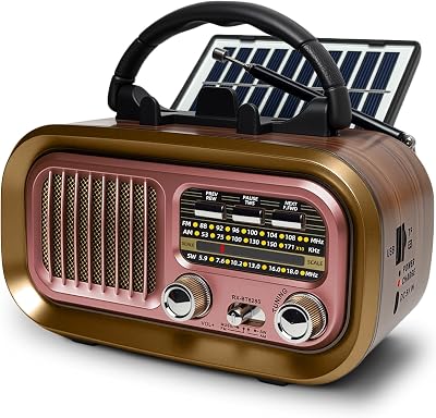 Portable AM FM SW Radio with Bluetooth, Retro Radio with Solar Panel