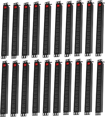 20PCS 12 Outlet Power Strips Surge Protector Rack-Mount PDU, Metal Mountable Power Strip with Switch, Heavy Duty Power Strips for Server Racks, Garage Shop, Industral Commercial (Black 6FT)