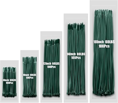 Zip Ties 60 LBS Garden Green Assorted Size,6+8+12+14+18 Inch, 500PCS Tensile Strength Heavy Duty Cable Wire Ties With Self-Locking Adjustable More Durable Nylon Tie Wraps for Indoor Outdoor