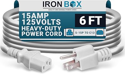 IronBox Electric - Heavy-Duty 5-15P to C13 Power Cord - 3 Prong 15A 125V 14/3 SJT PC Cable - Cord for Computer, Monitor, Subwoofer, Amplifier - Cable for Power Supply - (White 6 Foot)
