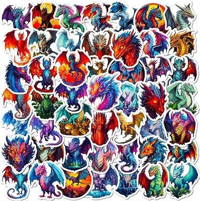 50 PCS Cool Kids Dragon Stickers and Decals, Fantasy Stickers for Kids Teens Adults, Dragon Party Favors Waterproof Vinyl Stickers for Water Bottle Laptop Luggage Guitar