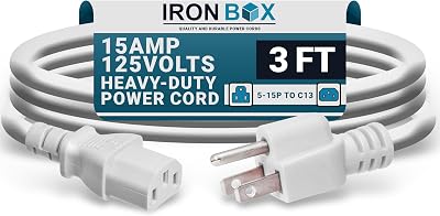 IronBox Electric - Heavy-Duty 5-15P to C13 Power Cord - 3 Prong 15A 125V 14/3 SJT PC Cable - Cord for Computer, Monitor, Subwoofer, Amplifier - Cable for Power Supply - (White 3 Foot)