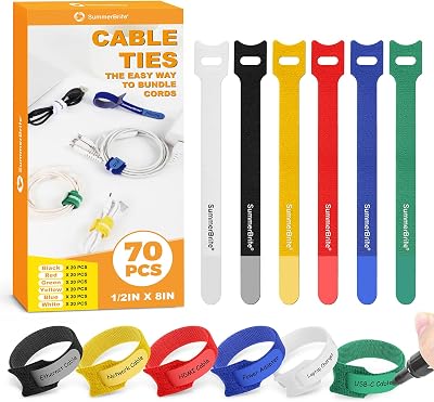 Cable Ties with Writable Labels, Cord Organizer, Multi-Color, 70 PCS, 8 IN