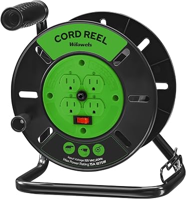 WILAWELS Extension Cord Storage Reel with 4-Grounded Outlets, 15A Circuit Breaker, Heavy Duty Open Cord Reel for 12/3,14/3,16/3 Gauge Power Cord, Hand Wind Retractable, ETL Listed, Green J95CR06