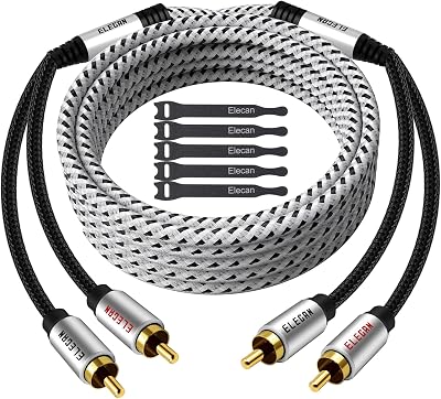 Elecan Premium RCA Cable 35 Ft (Hi-Fi Sound-16 AWG-Shielded) 2 RCA Male to 2 RCA Male Stereo Audio Cable, Gold Plated-Aluminum Alloy Shell-Pure Copper-Braided RCA Cord for Home Theater Speakers + Ties