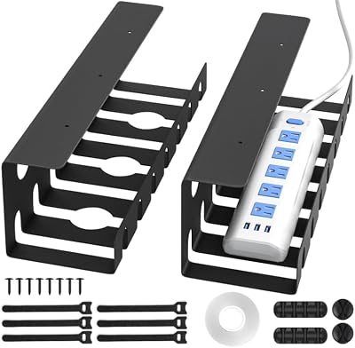 Delamu 2 Pack Metal Under Desk Cable Management Tray, U Channel Cord Organizer Box, Office Under Desk Cord Organizers, Cable Management with Various Accessories, Black, 15.75 Inches